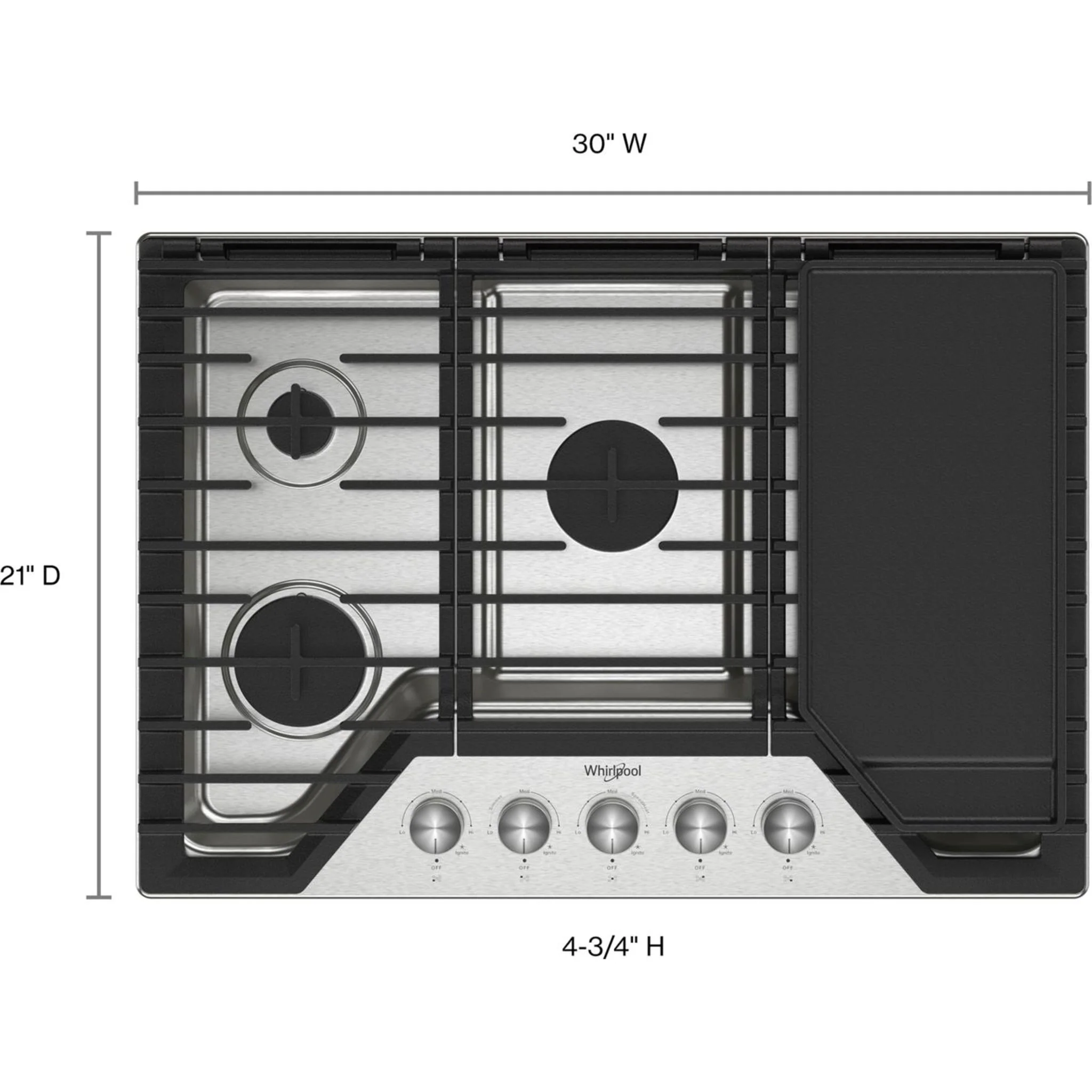 Whirlpool 30-inch Gas Cooktop with 2-in-1 Hinged Grate to Griddle -Stainless Steel (WCGK7530PS) - Image 15