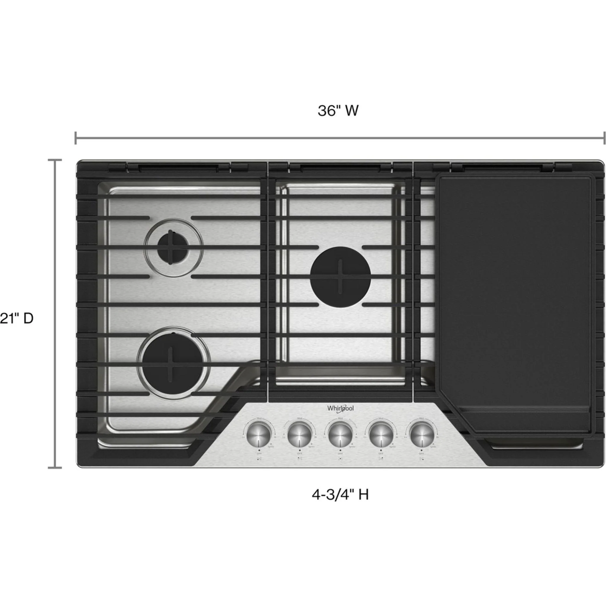 Whirlpool 36-inch Gas Cooktop with 2-in-1 Hinged Grate to Griddle -Stainless Steel (WCGK7536PS) - Image 14