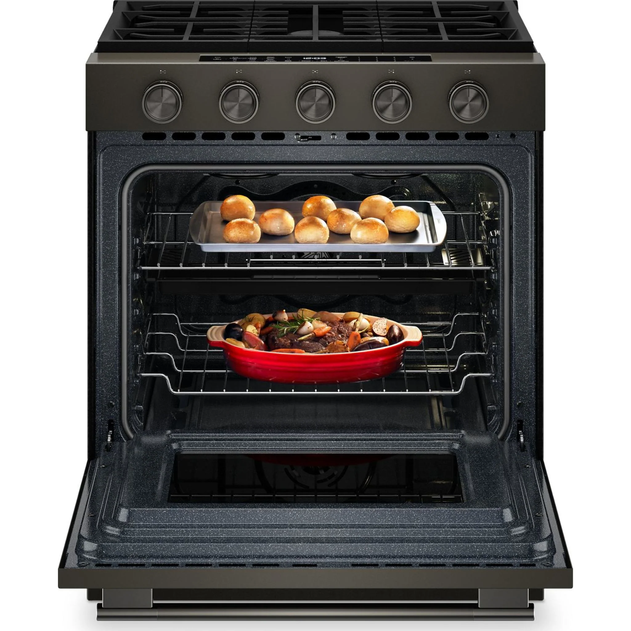 KitchenAid 5.0 Cu. Ft. Smart Slide-in Gas Range with Convection Cooking Modes and 2-in-1 Burner -Black Ore (KSGS530SBE) - Image 2