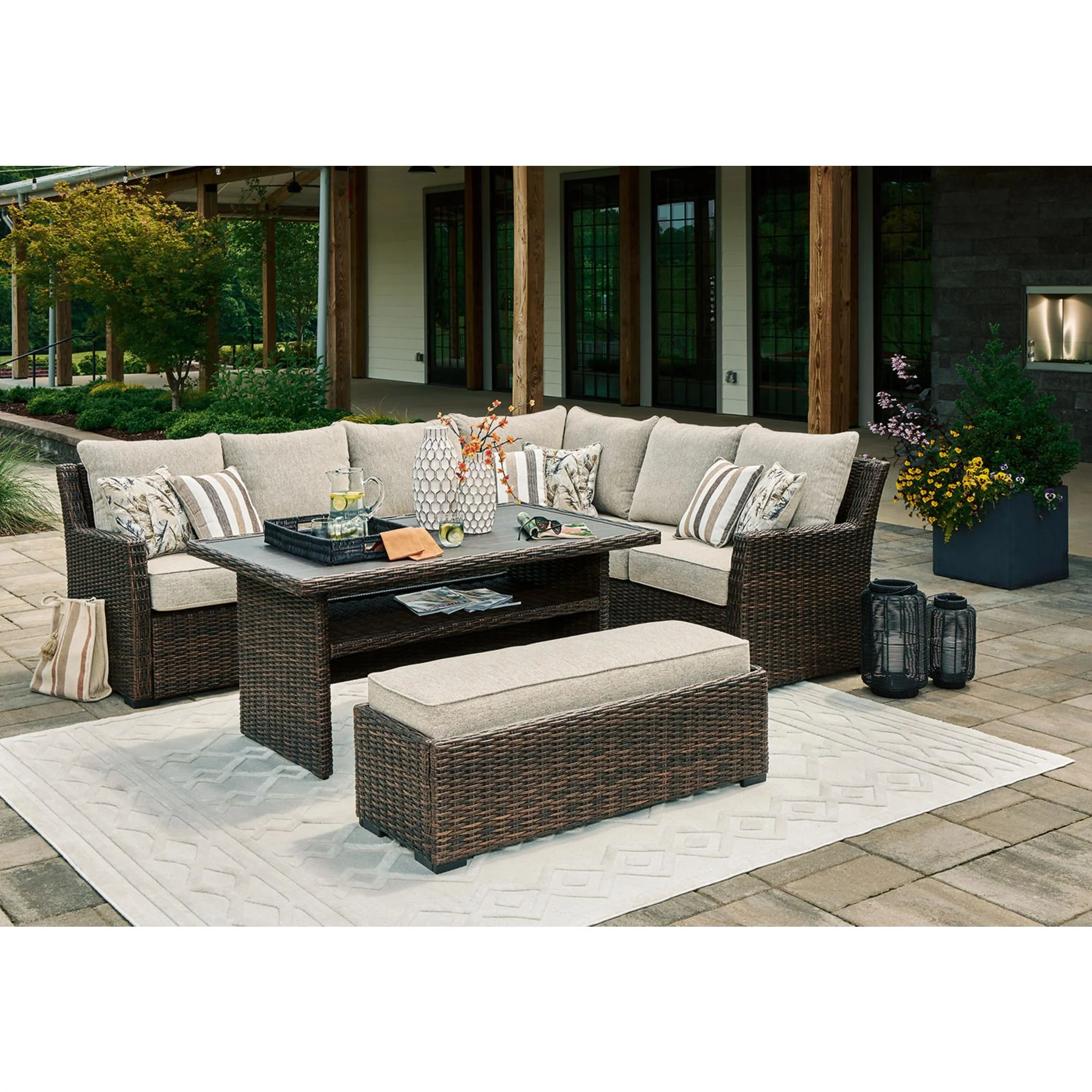 Brook Ranch 2 Piece Outdoor Sectional with Bench and Table - Image 2