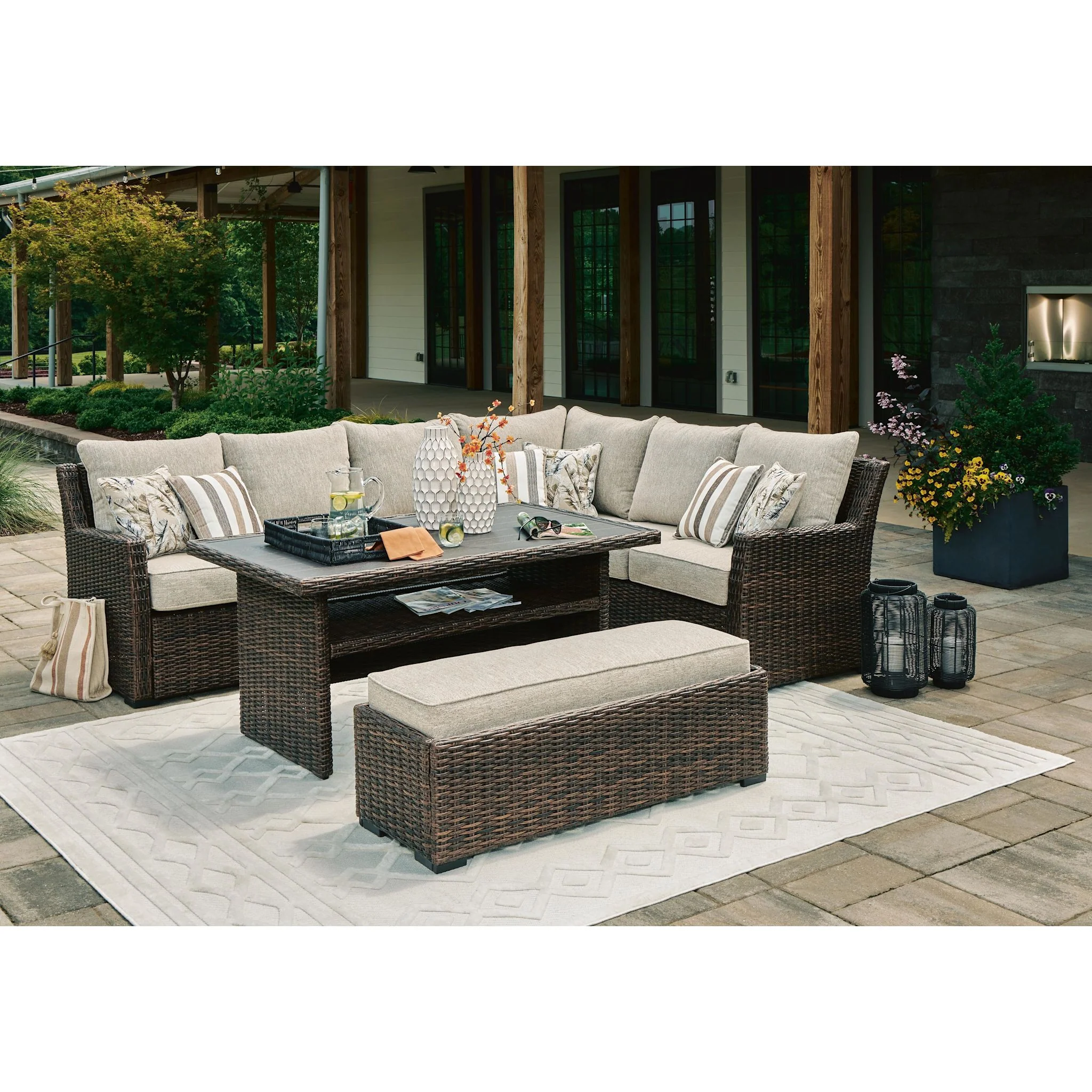 Brook Ranch 2 Piece Outdoor Sectional with Bench and Table - Image 4