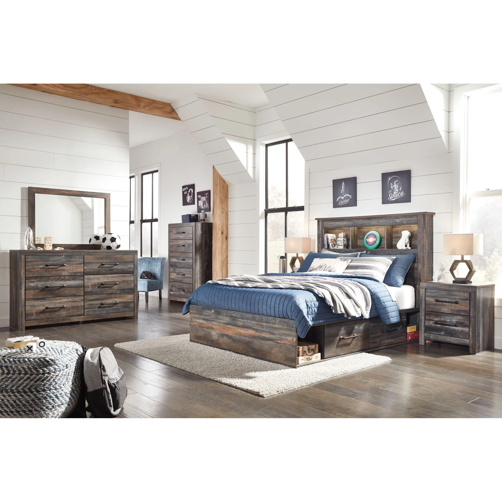 Drystan 5 Piece Full Bookcase Bed with 2 Drawer Storage Bedroom - Image 2