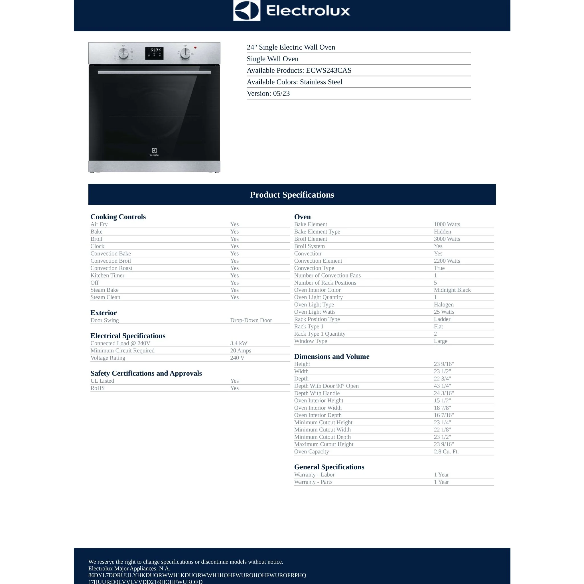 Electrolux 24" Single Electric Wall Oven - Stainless Steel ( ECWS243CAS ) - Image 6