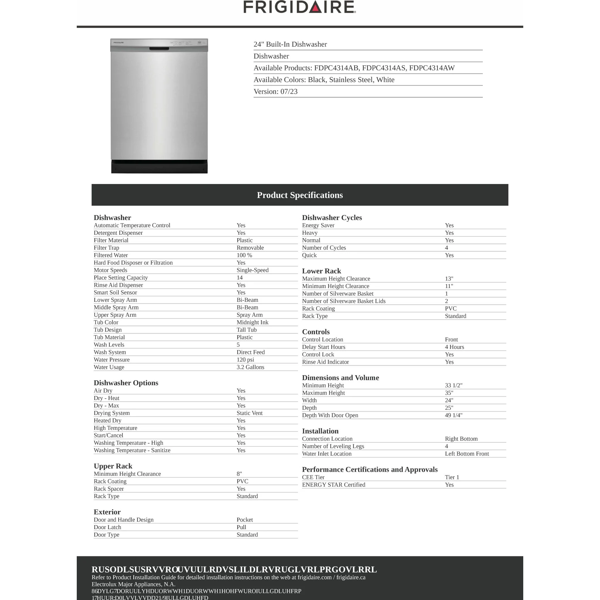 Frigidaire 24" Built-In Dishwasher - White ( FDPC4314AW ) - Image 13