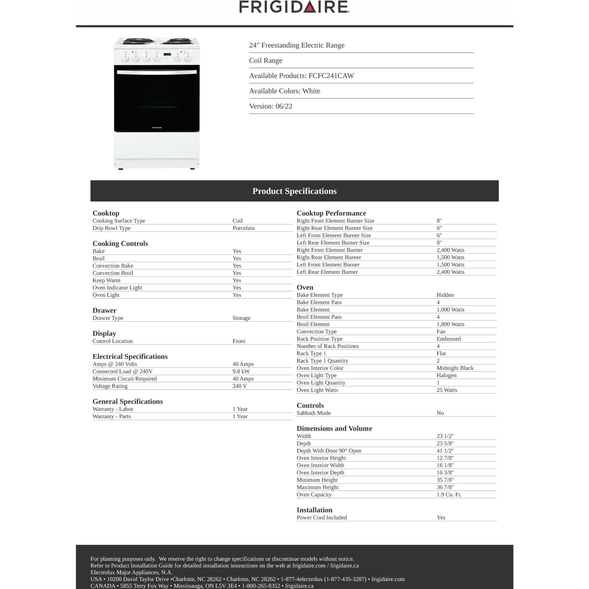 Frigidaire 24" Freestanding Electric Range - White ( FCFC241CAW ) - Image 11