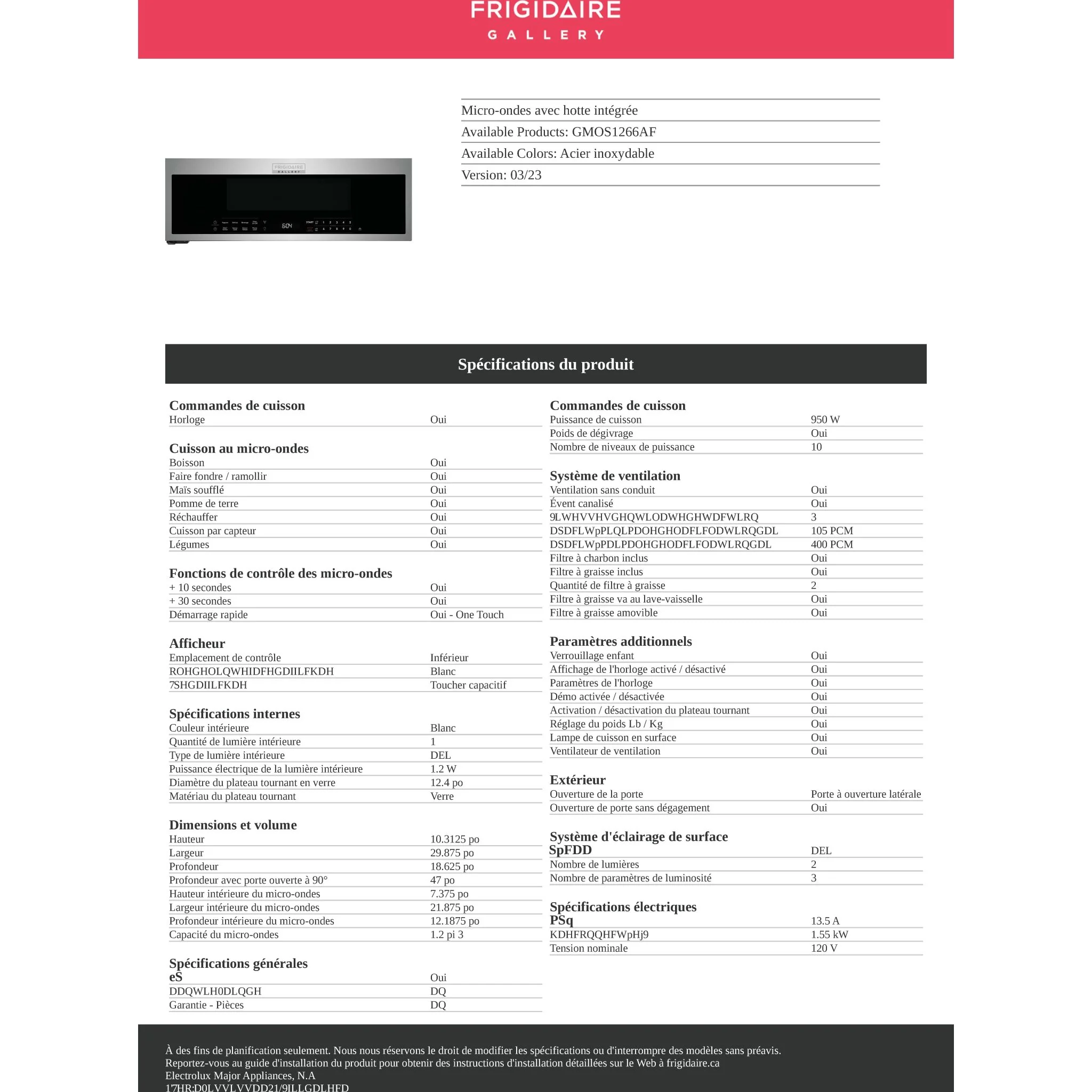Frigidaire Gallery 1.2 Cu. Ft. Low-Profile Over-the-Range Microwave - Stainless Steel ( GMOS1266AF ) - Image 11