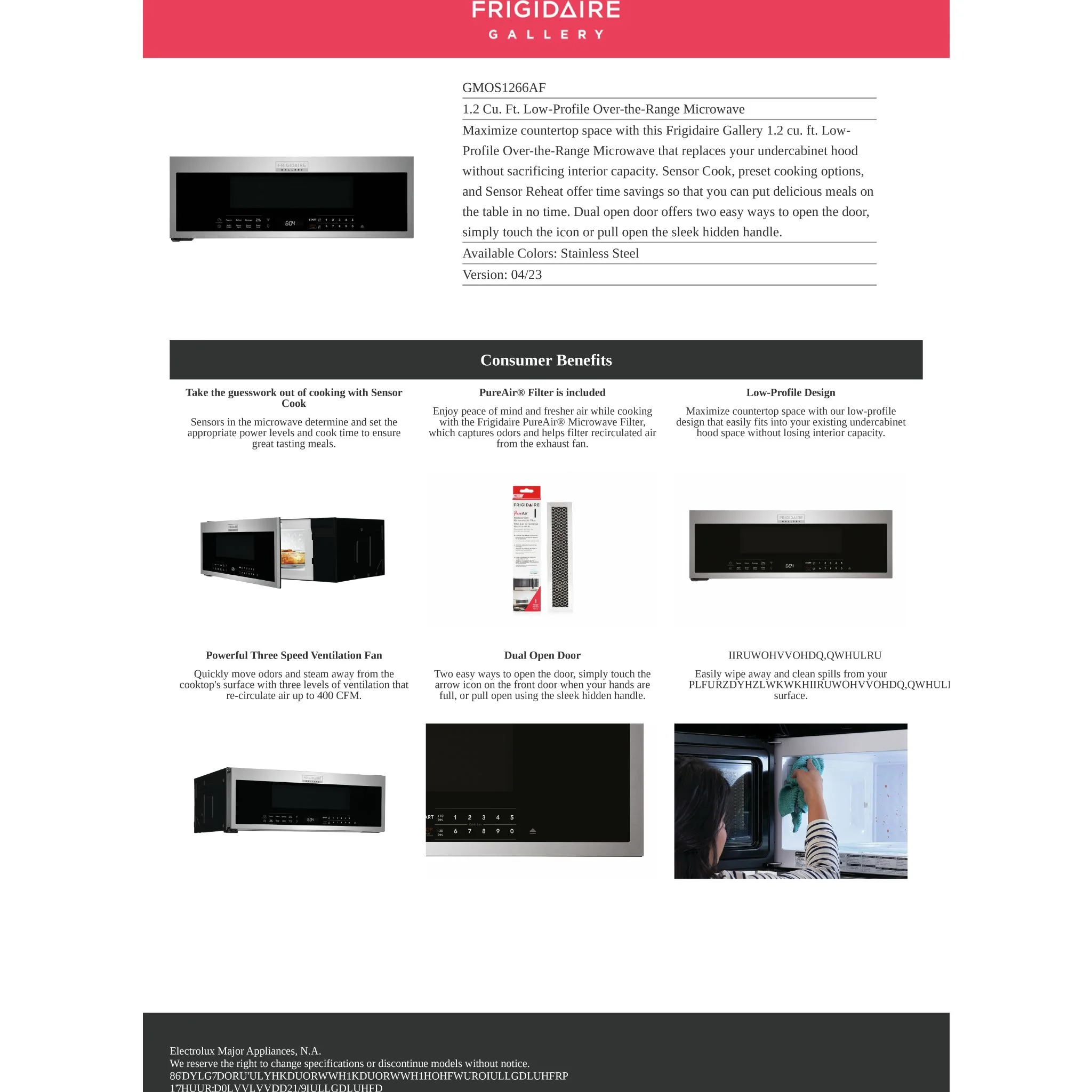 Frigidaire Gallery 1.2 Cu. Ft. Low-Profile Over-the-Range Microwave - Stainless Steel ( GMOS1266AF ) - Image 12