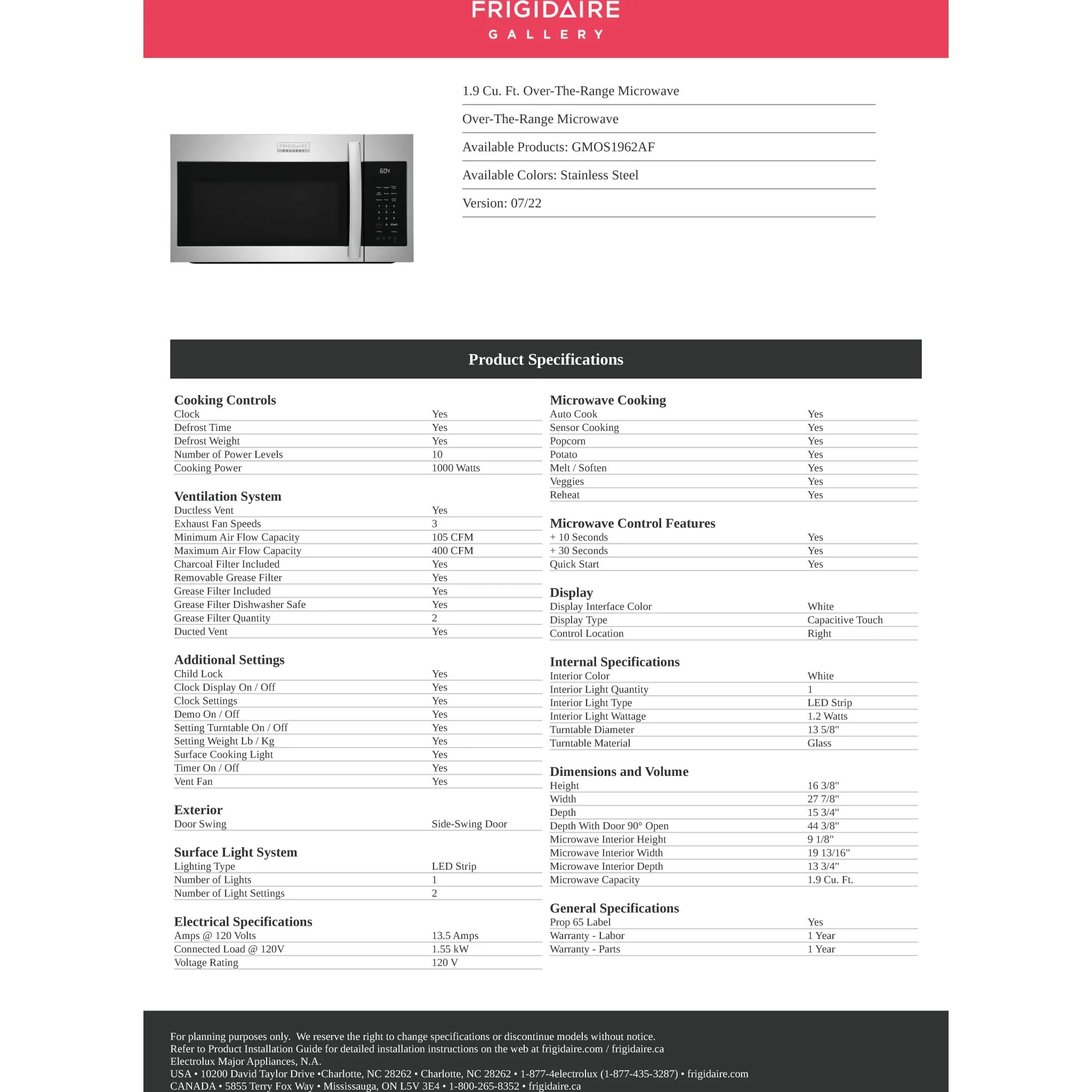Frigidaire Gallery 1.9 Cu. Ft. Over-The-Range Microwave - Stainless Steel ( GMOS1962AF ) - Image 13