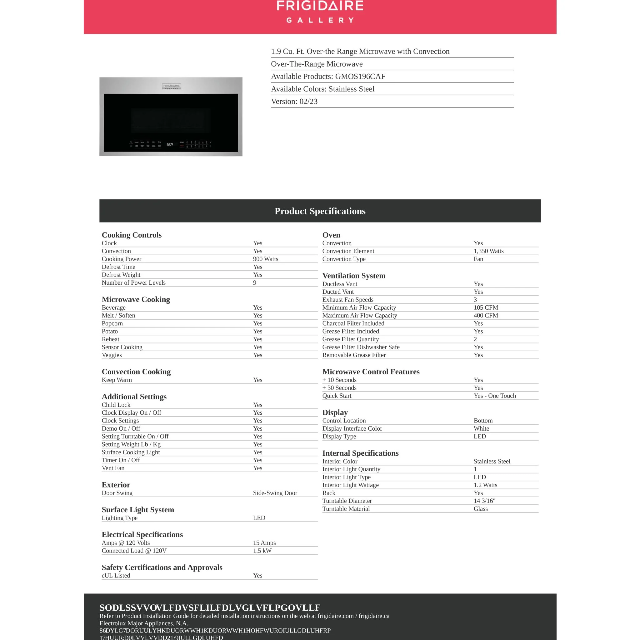 Frigidaire Gallery 1.9 Cu. Ft. Over-the Range Microwave with Convection - Stainless Steel ( GMOS196CAF ) - Image 10
