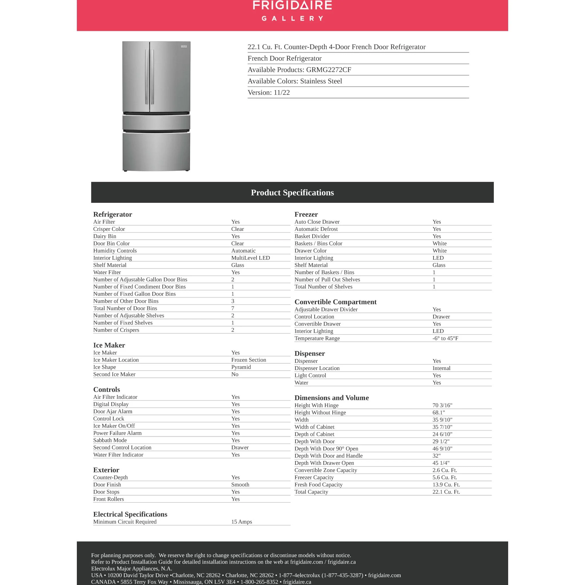 Frigidaire Gallery 22 Cu. Ft. Counter-Depth 4-Door French Door Refrigerator - Stainless Steel ( GRMG2272CF ) - Image 12