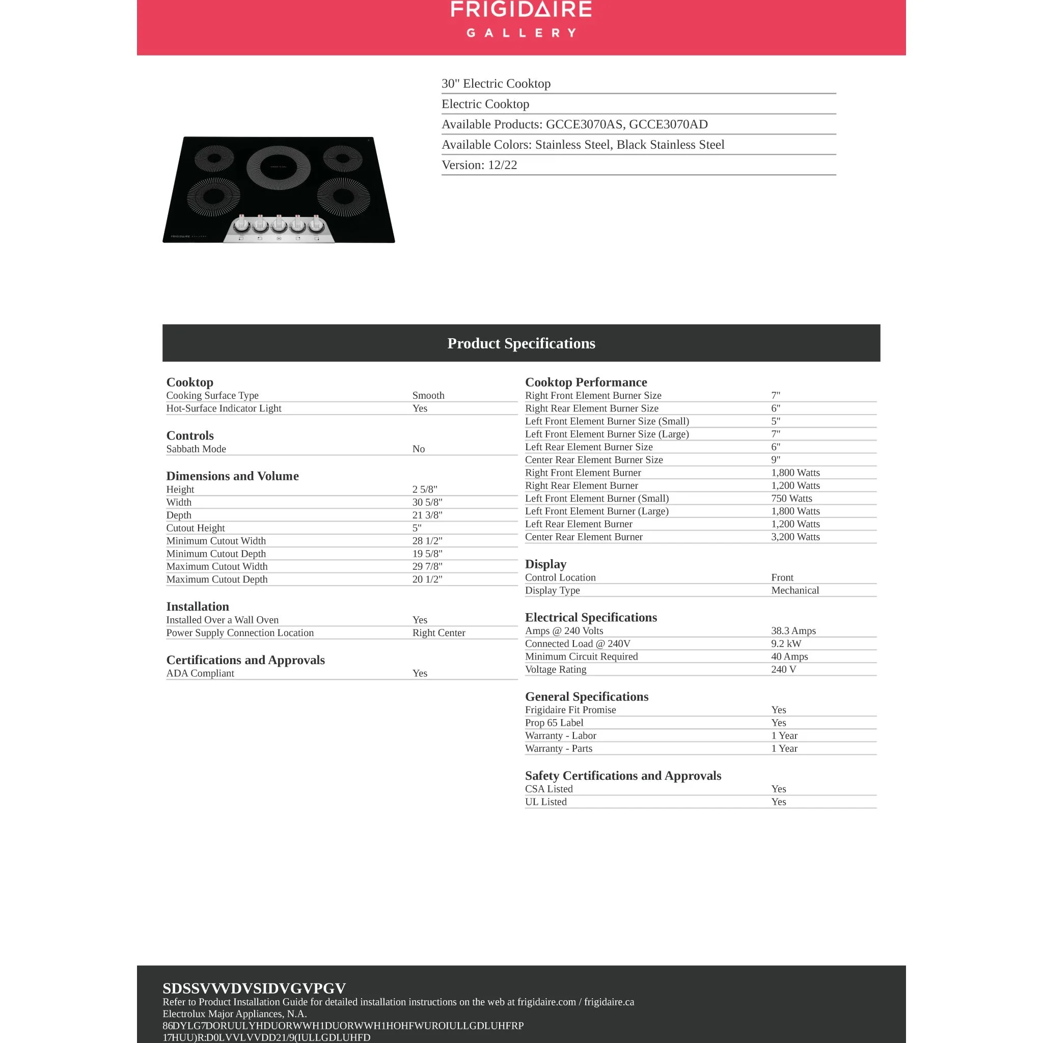 Frigidaire Gallery 30" Electric Cooktop - Stainless Steel ( GCCE3070AS ) - Image 9