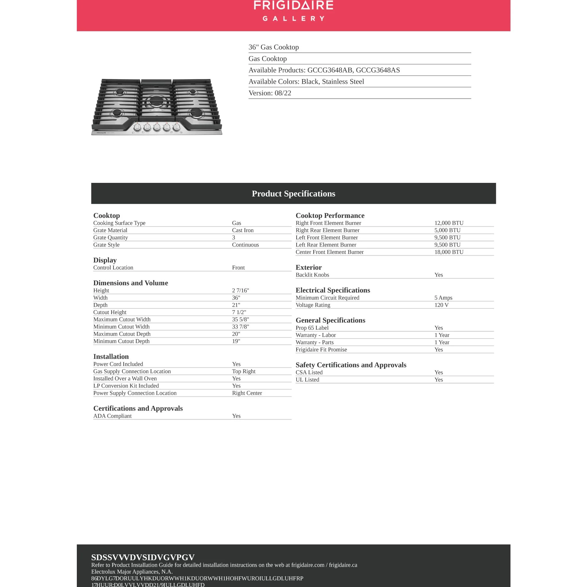 Frigidaire Gallery 36" Gas Cooktop - Stainless Steel ( GCCG3648AS ) - Image 11