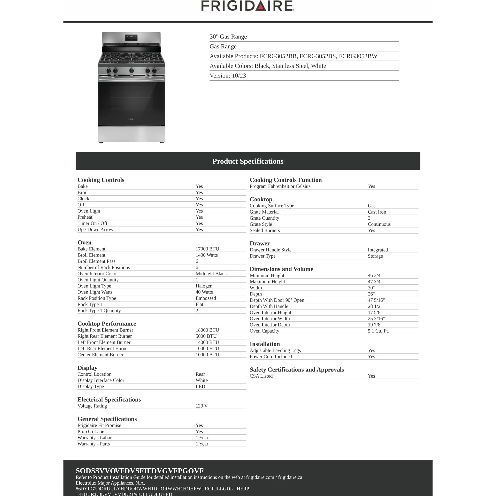 Frigidaire Gas Range (FCRG3052BS) - Stainless Steel - Image 8