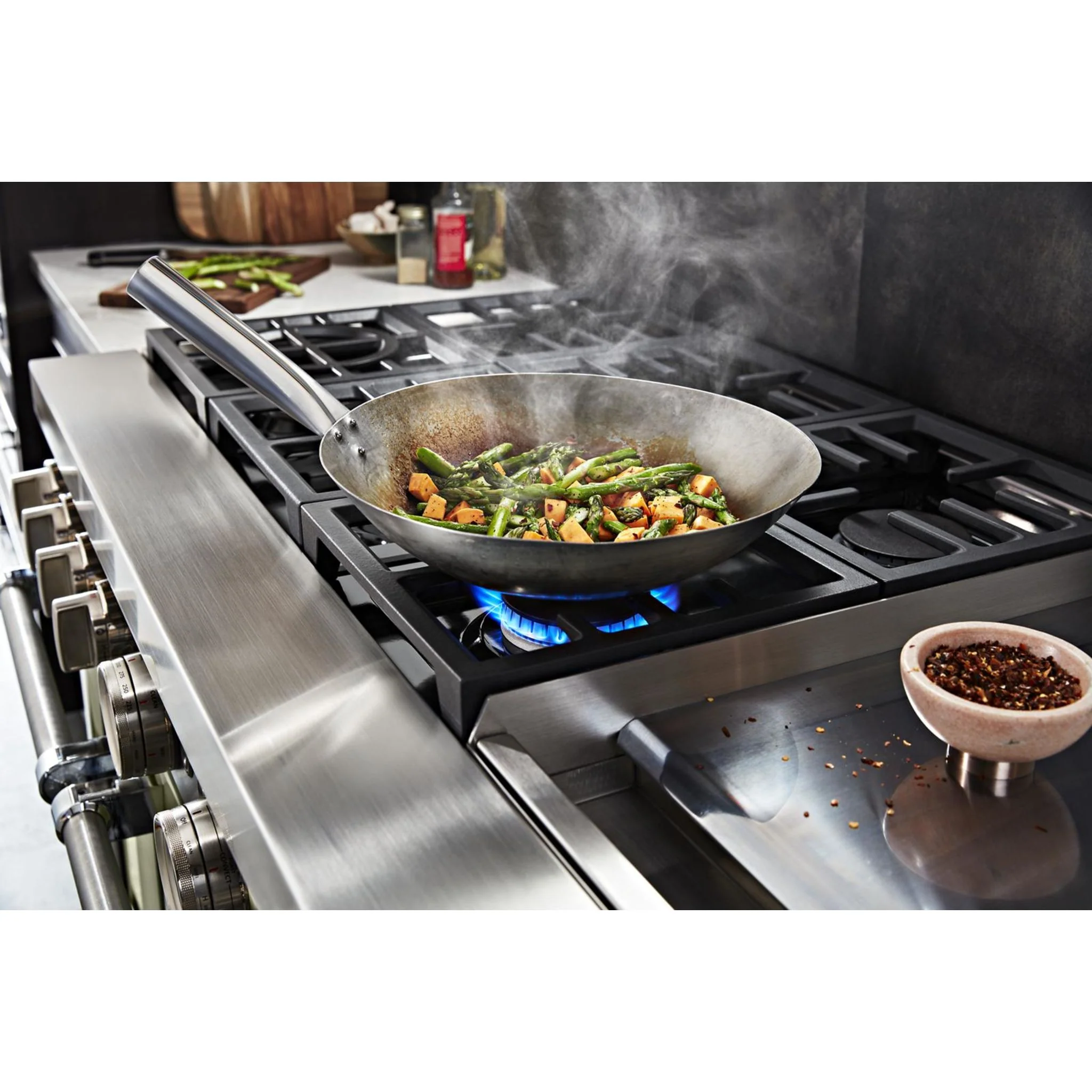 KitchenAid  48'' Smart Commercial-Style Dual Fuel Range with Griddle - Avocado Cream (KFDC558JAV) - Image 20