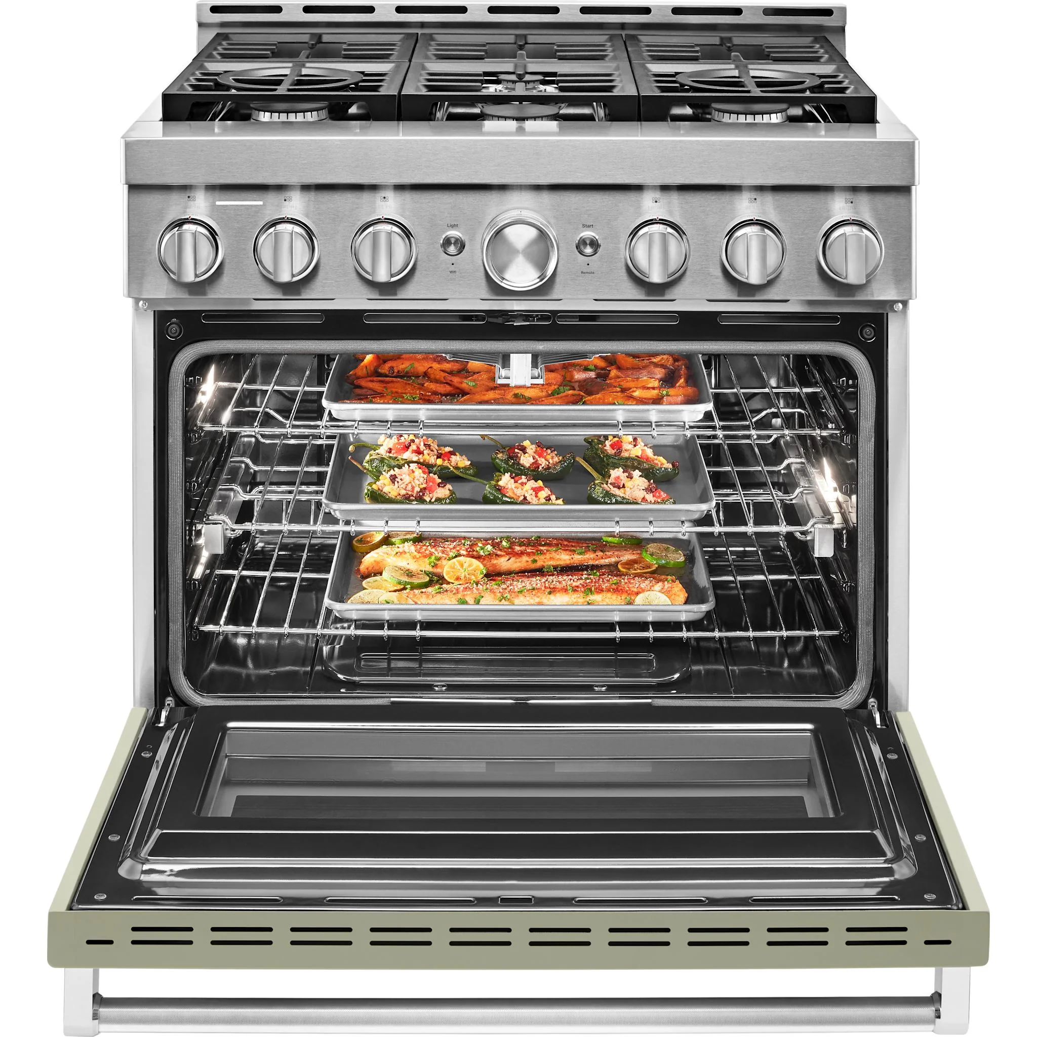 KitchenAid  36'' Smart Commercial-Style Gas Range with 6 Burners - Avocado Cream - Passion Red (KFGC506JAV) - Image 5