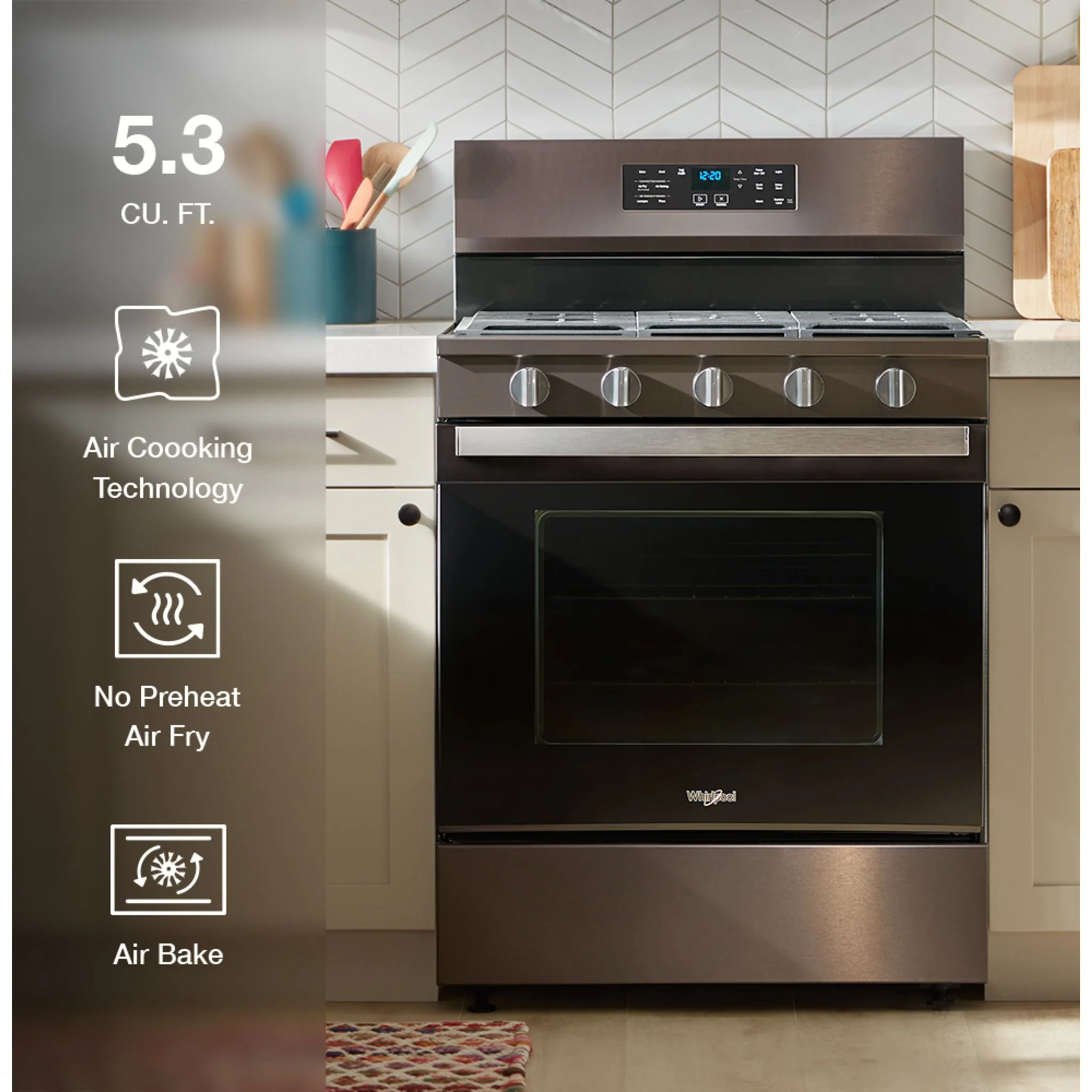Whirlpool 30-inch Gas Range with Air Cooking Technology, No Preheat Air Fry and Air Baking and Self Clean -Black Stainless Finish (WFGS5030RV) - Image 2