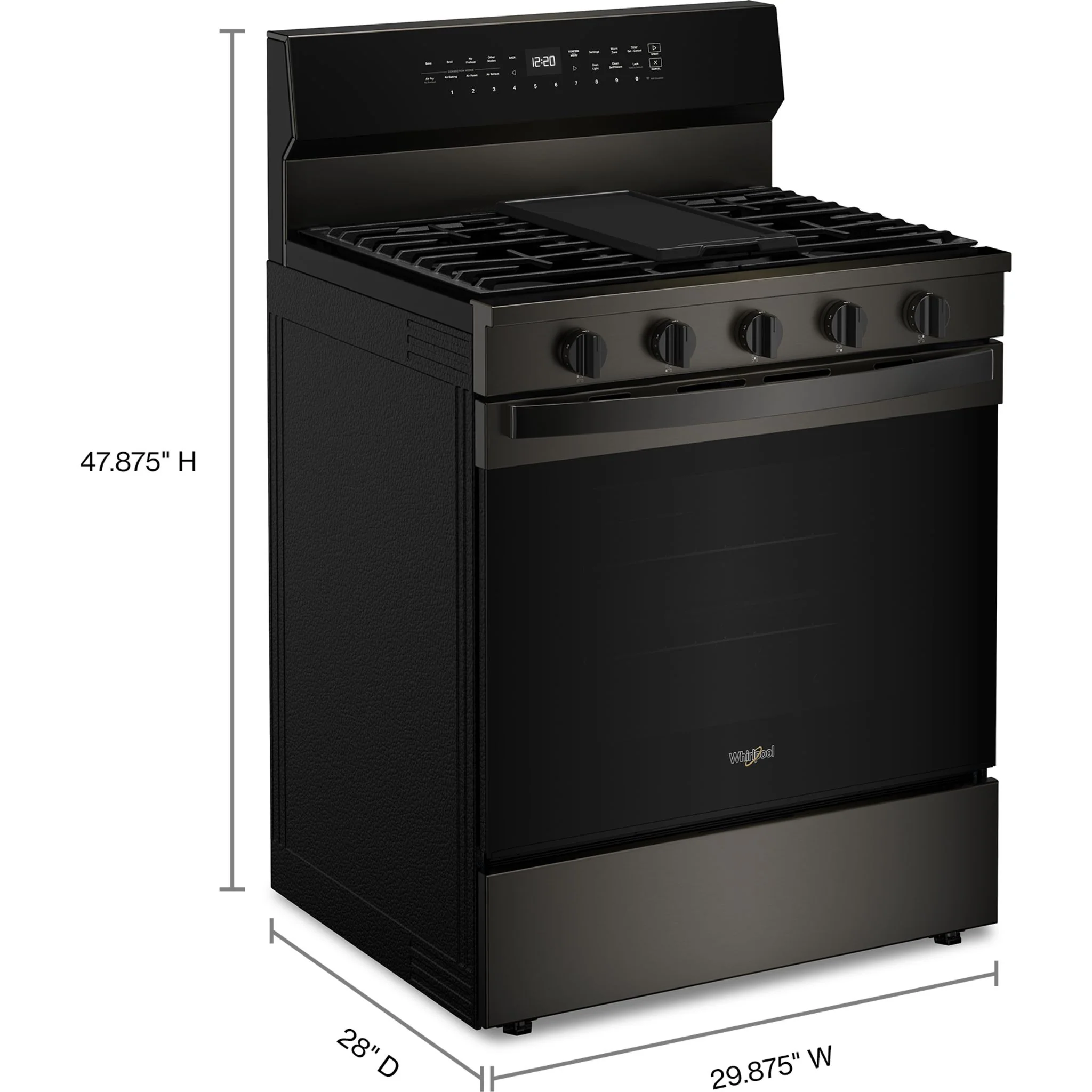 Whirlpool 30-inch Smart Gas Range with Air Cooking Technology, Steam/Self Cleaning, Rapid Preheat 5.3 CuFt Capacity -Black Stainless Finish (WFGS7530RV) - Image 4