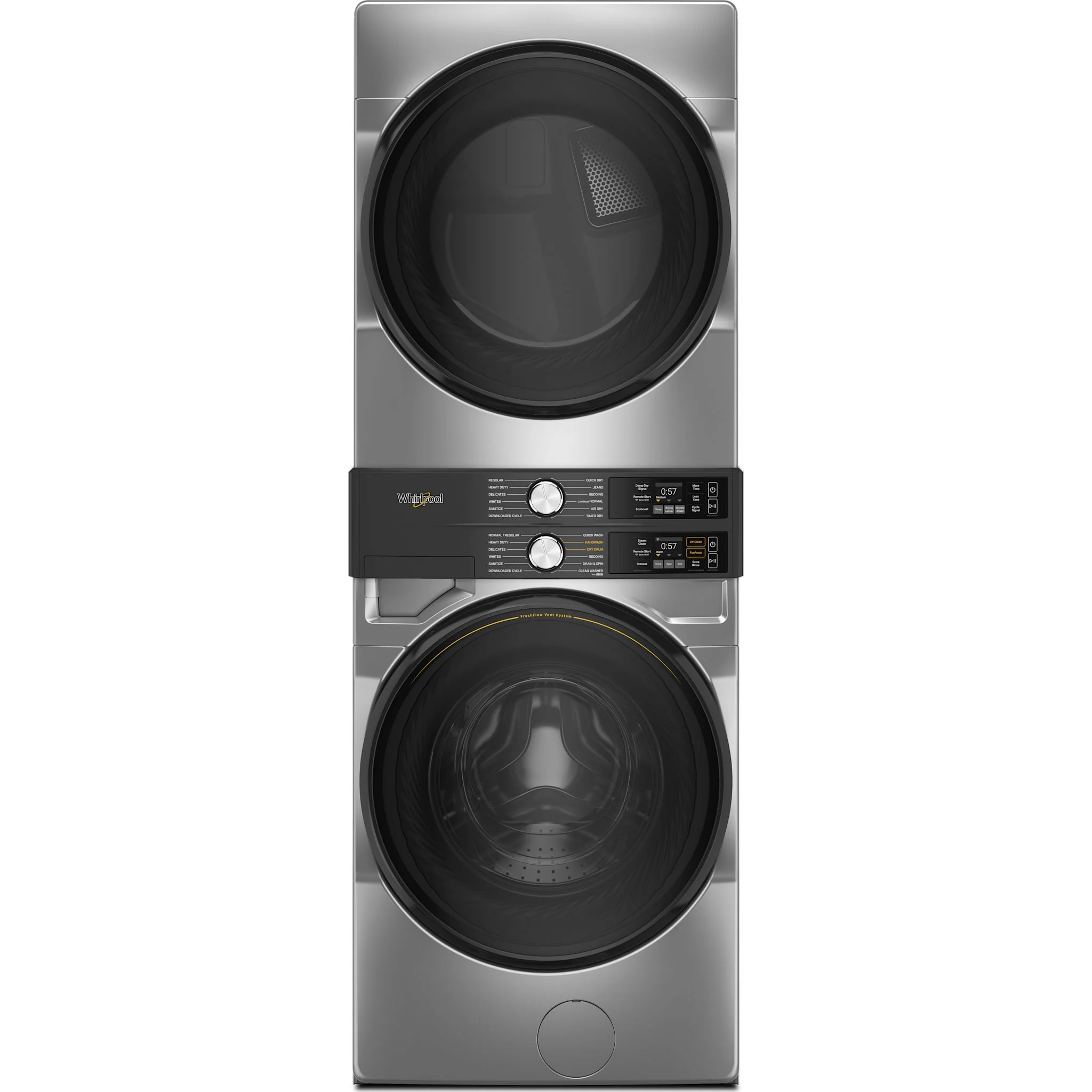 Whirlpool Smart ENERGY STAR® Front Load Laundry Tower with FreshFlowTM Vent System and UV Clean Technology 5.2 cu. ft. I.E.C. Washer & 7.4 cu. ft. Electric Dryer - Radiant Silver (YWEF5727TR) - Image 2