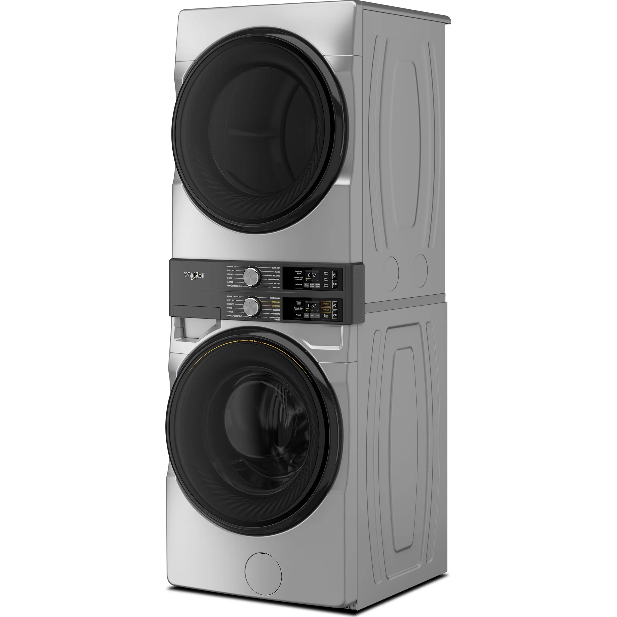Whirlpool Smart ENERGY STAR® Front Load Laundry Tower with FreshFlowTM Vent System and UV Clean Technology 5.2 cu. ft. I.E.C. Washer & 7.4 cu. ft. Electric Dryer - Radiant Silver (YWEF5727TR) - Image 4