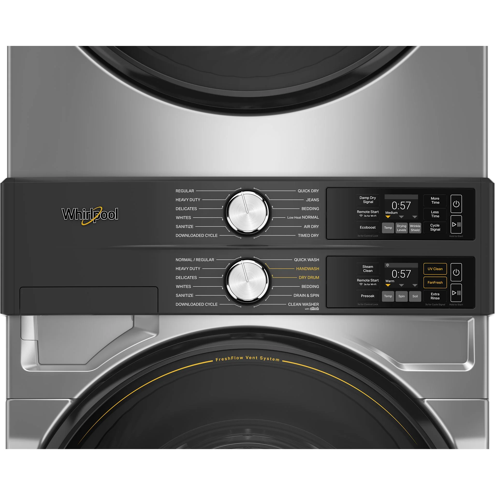 Whirlpool Smart ENERGY STAR® Front Load Laundry Tower with FreshFlowTM Vent System and UV Clean Technology 5.2 cu. ft. I.E.C. Washer & 7.4 cu. ft. Electric Dryer - Radiant Silver (YWEF5727TR) - Image 6