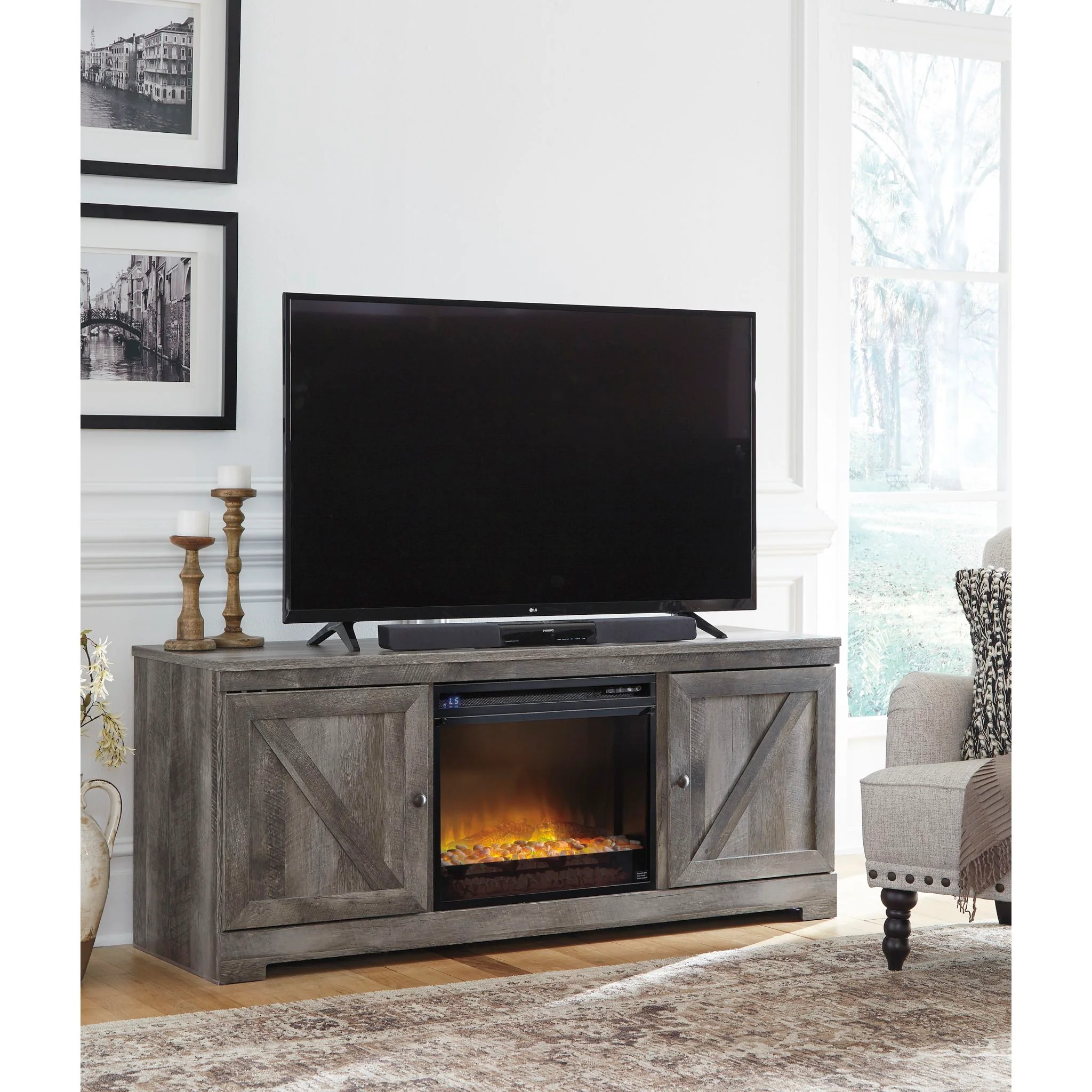 Wynnlow TV Stand with Glass Stone Fireplace - Image 7